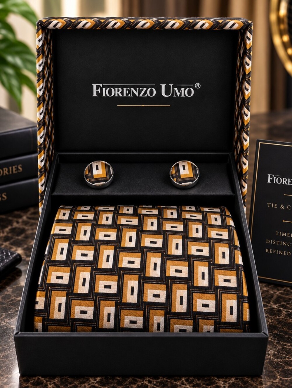 FIORENZO UMO       Men's Geometric Silk Tie and Cufflinks Set - Gold & Black